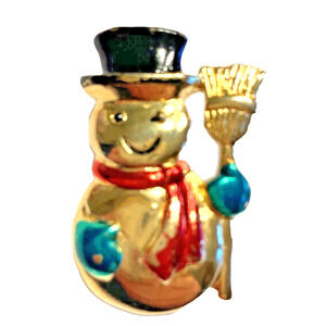 Signed SFJ Christmas Brooch Goldtone Snowman Red Green Festive Fun Holiday Pin